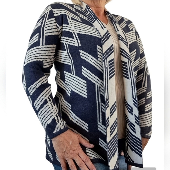Alfani Women's Petite Patterned Open-Front Cardigan Navy Large Petite - Picture 2 of 9